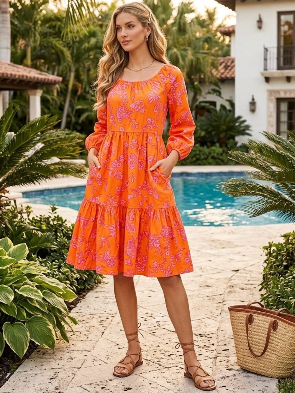Women's J.Crew Floral Midi Dress Size 6 Orange Pink